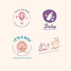 Logo with baby shower design concept for brand and marketing watercolor vector illustration.