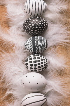 Easter eggs with different drawings and white feathers in row.