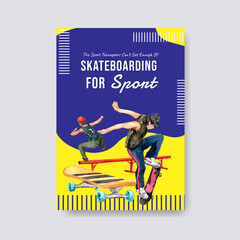 Poster template with skateboard design concept for advertise and marketing watercolor vector illustration.