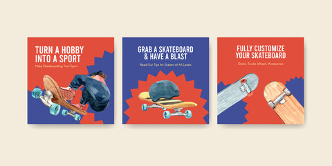 Ads template with skateboard design concept for advertise and leaflet watercolor vector illustration. © photographeeasia