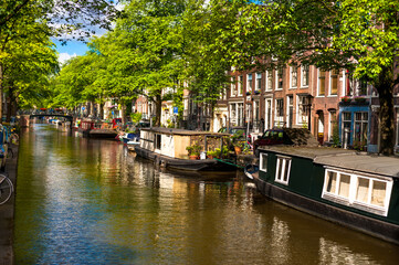 Houseboats on Amsterdam Canal with houses in background under beautiful blue, summer sky.