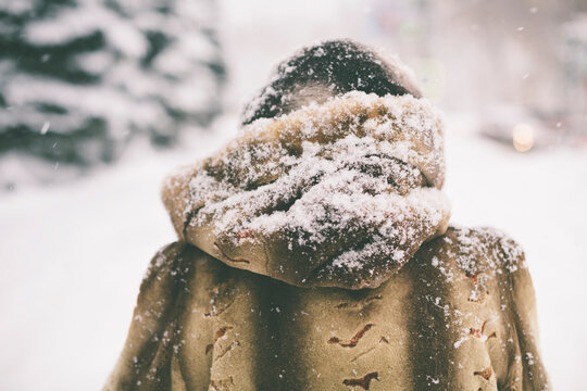 Snowing ,woman in winter fur clothing