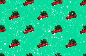 Minimal pattern background of red cars with green Christmas trees on green background.