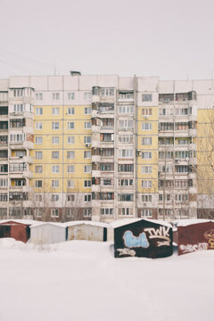 Ugliness facade of apartment block house,Russia,Samara