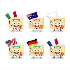Certificate paper cartoon character bring the flags of various countries