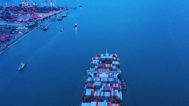 Aerial view of MSC SVEVA Panama  big international container freight cargo ship will reach Laem Chabang Thailand on September2,2020. 