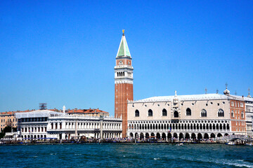 Saint Marks Campanile in Venice as seen from the Adriatic sea on a fine sunny day with blue skies