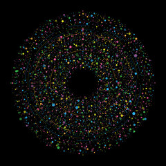 Big data circular visualization with a lot of dots, lines and copy space in center on black background. Design for business, science, technology. Vector
