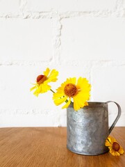 Yellow rudbekia flowers or coneflowers in an iron cup on a wooden table on a white background.