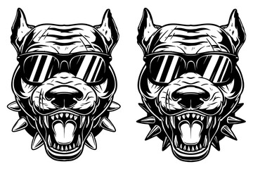 Set of Illustrations of head of angry pitbull in sunglasses in vintage monochrome style. Design element for logo, emblem, sign, poster, card, banner. Vector illustration