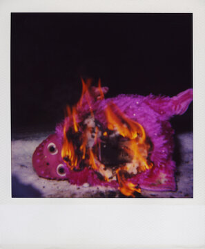 Polaroid of a Furby, burning in snow