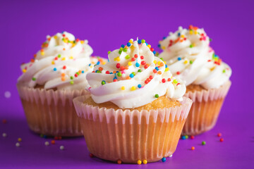 cupcake with white frosting and sprinkles