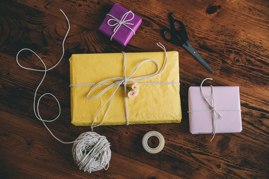 Presents, scissor, twine and tape from above