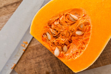 Butternut Squash cut in half exposing seed cavity