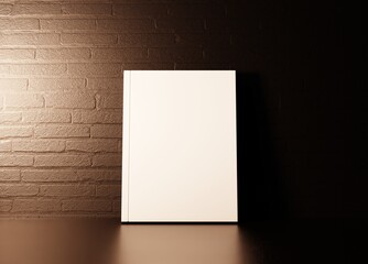 Empty book on a wooden shelf. Brick wall. Presentation of the book. 3D rendering.	