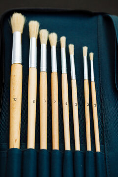 Different sized and numbered paint brushes in their case
