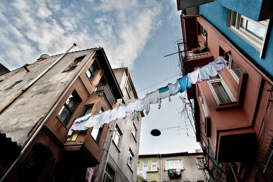 Clothes hanging between two buildings in the neighborhood of Balat and fenet in istanbul