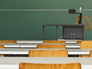 Empty classroom with overhead projector