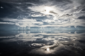 flat uyuni salt and desert , infinite mirror and water 