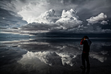 flat uyuni salt and desert , infinite mirror and water 