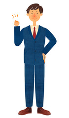 片手でガッツポーズをするスーツ姿の若い男性