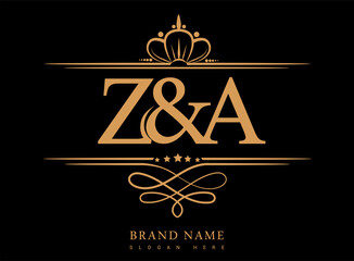 ZA Initial logo, Ampersand initial logo gold with crown and classic pattern. - obrazy, fototapety, plakaty