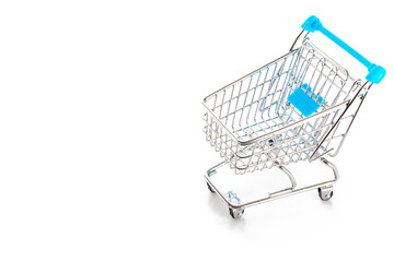 Stainless steel cart. Food shopping basket for retail market. Empty trolley cart for supermarket isolated on white background. Sale buy mall market shop consumer concept. Copy space.
