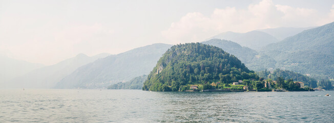 Picturesque Landscape of Bellagio on Lake Como with Alps on Background. Italy. Panoramic View from...