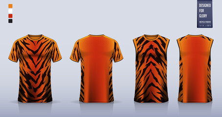 Tiger  pattern T-shirt sport, Soccer jersey, football kit, basketball uniform, tank top, and running singlet mockup. © tondruangwit