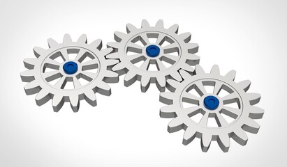Silver gears from the mechanism. Metal gears isolated on a white background. Steel gears. 3D illustration.