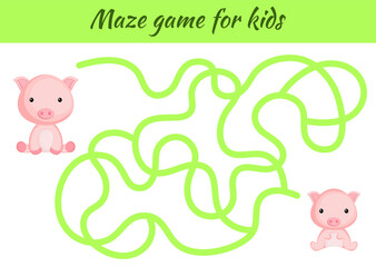 Funny maze or labyrinth game for kids. Help mother find path to baby. Education developing worksheet. Activity page. Cartoon pig characters. Riddle for preschool. Color vector stock illustration.