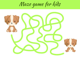 Funny maze or labyrinth game for kids. Help mother find path to baby. Education developing worksheet. Activity page. Cartoon dog characters. Riddle for preschool. Color vector stock illustration.