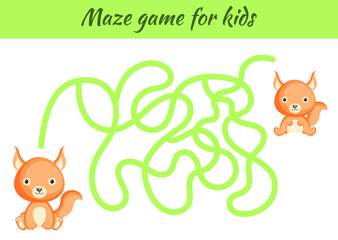 Funny maze or labyrinth game for kids. Help mother find path to baby. Education developing worksheet. Activity page. Cartoon squirrel characters. Riddle for preschool. Color vector stock illustration.