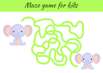 Funny maze or labyrinth game for kids. Help mother find path to baby. Education developing worksheet. Activity page. Cartoon elephant characters. Riddle for preschool. Color vector stock illustration.