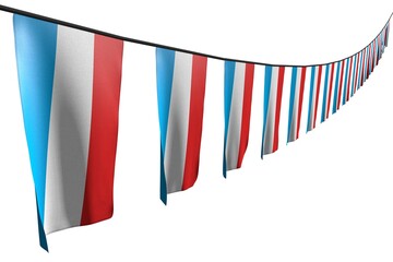 nice many Luxembourg flags or banners hanging diagonal with perspective view on rope isolated on white - any occasion flag 3d illustration..