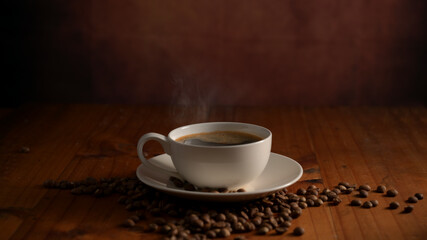 Close up view of a cup of hot coffee with coffee beans decorated