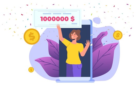 Character holding money prize, bank check for a million dollars. Winning lottery ticket. Vector illustration in flat design.