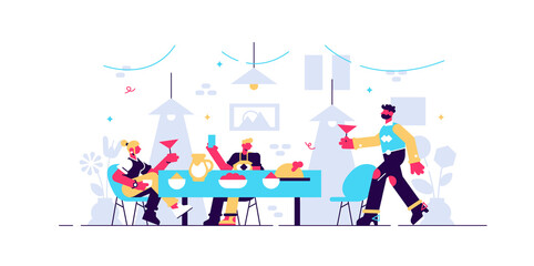 Family dinner vector illustration. Flat tiny 
