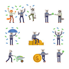 Set of koala characters posing with money. Cheerful koala standing with umbrella under money rain and showing other actions. Flat design vector illustration