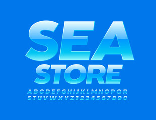 Vector blue emblem Sea Store. Glossy modern Font. Stylish modern Alphabet Letters and Numbers set