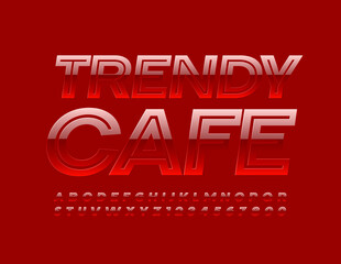 Vector modern banner Trendy Cafe. Bright Glossy Font. Creative red Alphabet Letters and Numbers