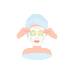 A young girl wrapped in a  towel, with a towel on her head, a mask on her face and round slices of cucumber in her eyes. Vector illustration  for spa salon, wellness, logo, poster, advertising