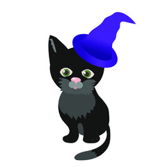 Black kitten in witches hat.Halloween.Vector illustration