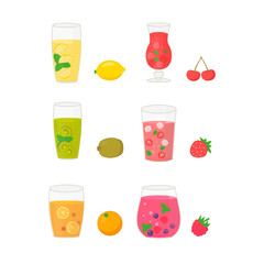 Set of  cocktails, juice with fruit: lemon, orange, kiwib malinab cherry, strawberry.  Summer drinks in glasses.  Vector illustration