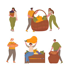 Male and Female Farmers Characters Harvesting on Farm. Vector illustration with small people for web page, presentation, print, banner. Farming, harvesting, collecting vegetables.