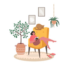 Vector illustration of young woman sitting   in a chair and reading book. Zone with comfortable armchair and indoor plants. Relaxing with book, activities during lockdown and quarantine