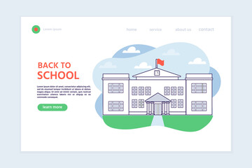 Cartoon Landing Page Web Template with school building. Back to school concept.  Vector illustration