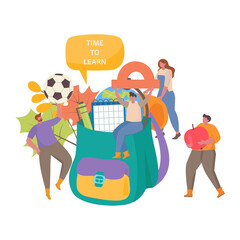 Flat design concept of Back to school,  e-learning and online class. Vector illustration with big bag and miniature people for website banner, marketing material, presentation, advertising
