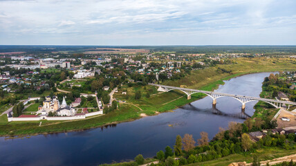 Picturesque view of small ancient town Staritsa with Staritskiy Holy Dormition Monastery on the Volga River in Russia.