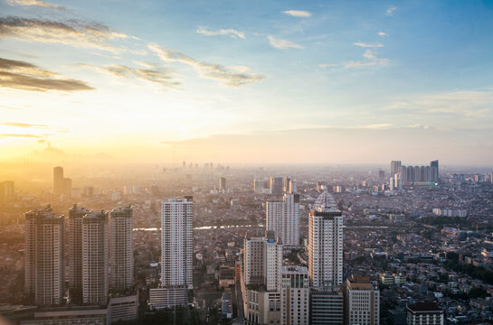 Aerial View of High-rise Buildings in Urban Sprawl of Modern Jakarta Indonesia